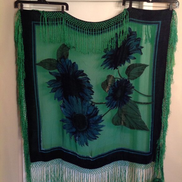 Stunning Aris A Silk Velvet Sunflowers Blue Green Tassel Edge Square Wrap Scarf - Picture 1 of 16